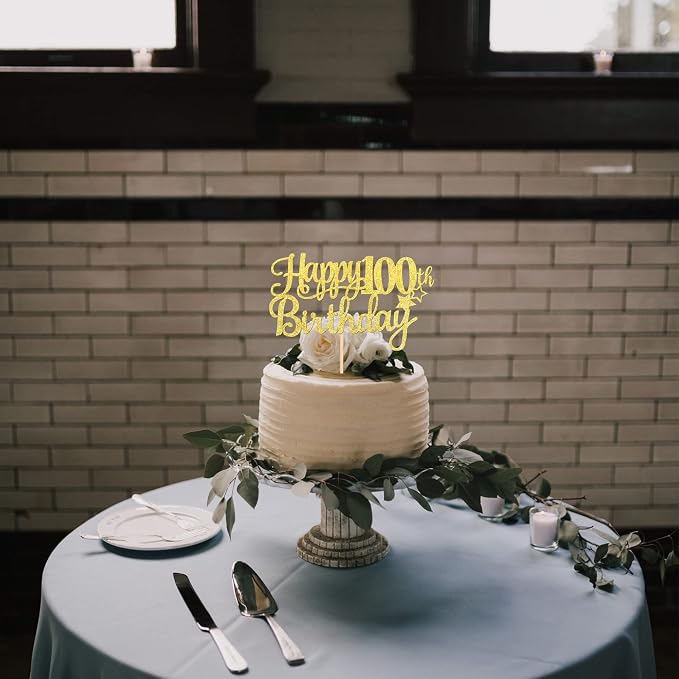 1 PCS Happy 100th Birthday Cake Topper - Gold Glitter Cheers to 100 Years - Fabulous Cake Decoration for 100th Birthday Theme Party