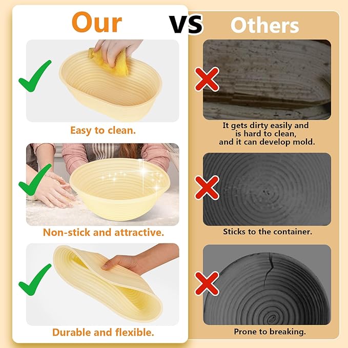 10PS Banneton bread proofing basket Set - 9" Round & 10" Oval Silicone sourdough basket with sourdough tools - Includes proofing basket, lame, scraper, liner - Foldable, Hygienic for Beginners & Pros