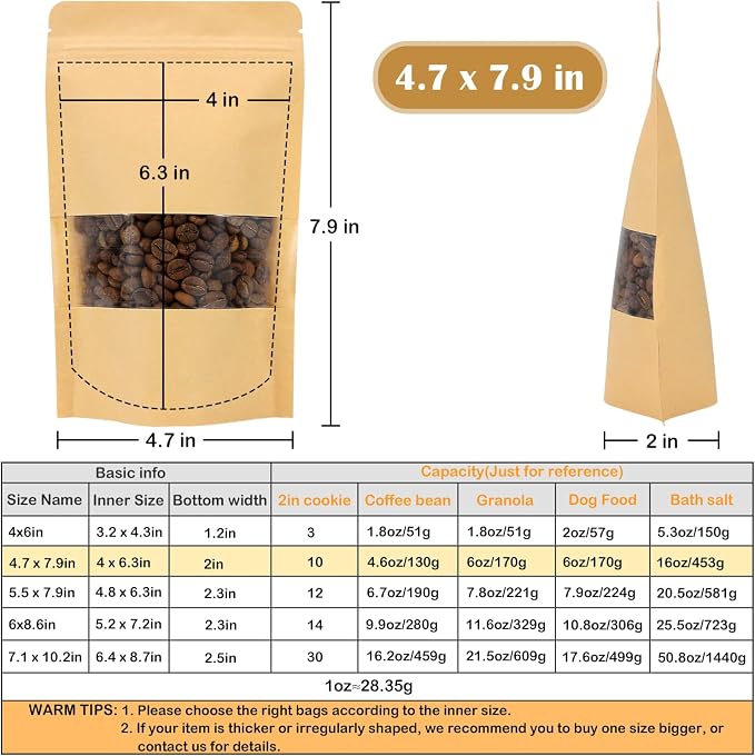 Blisstime 50 Pack Kraft Paper Stand Up Pouch Bags, Resealable Bag with Transparent Window and Tear Notch for Multipurpose Storage (4.7 X 7.9 Inches)