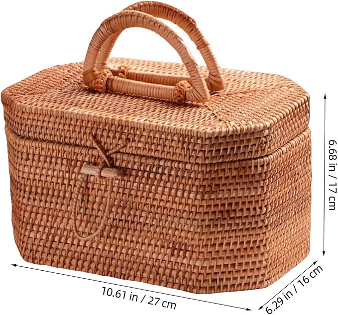 Zerodeko Rattan Storage Box 10.62 Inch Woven Basket Portable Fruit Storage Basket with Lid for Kitchen Dining Home Decor Organizer