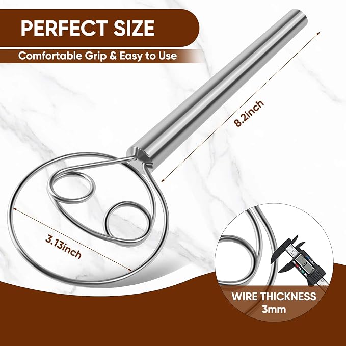 Maxjoy Danish Dough Whisk Stainless Steel Hook Dutch Style Bread Mixer for Sourdough Making Tool