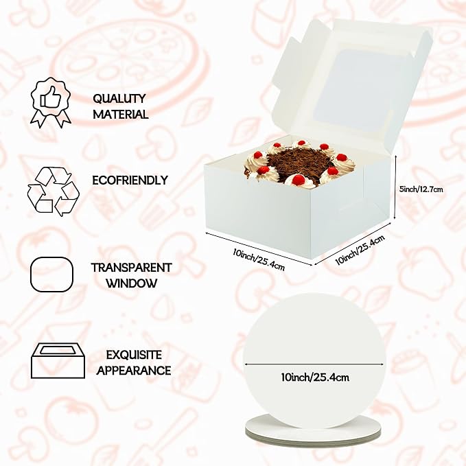 30pcs Cake Boxes and 30 Pack 10 Inch Round Cake Boards,10x10x5 Inches White Square Bakery Boxes with Window Cajas Pasteles for Cookies Pies Cupcakes Pastry