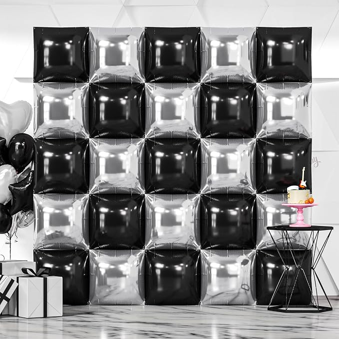 NISOCY 25PCS Black Silver Square Foil Balloons Wall Backdrop Double Sided Black Silver Balloon Arch Kit for New Year Birthday Wedding Graduation Anniversary Party Decorations