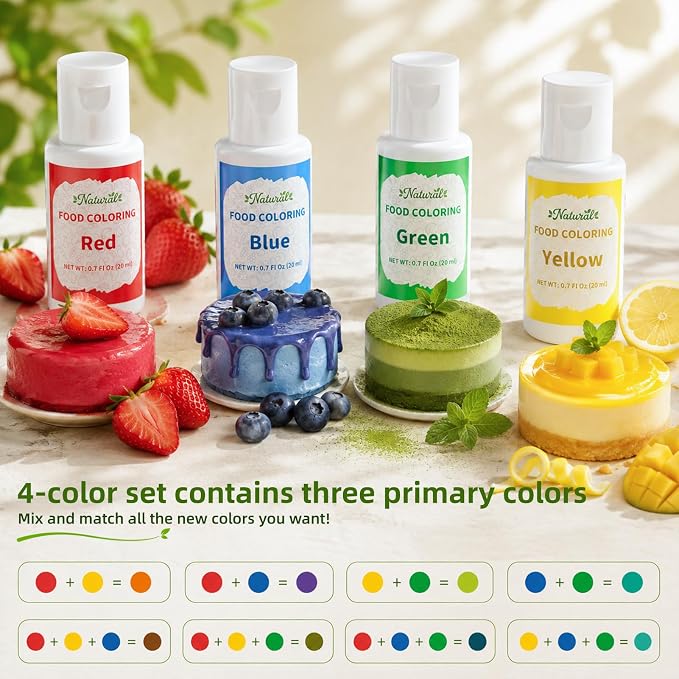 Natural Food Coloring - FD&C & Artificial Dye Free Formula Color 4x20ml Large Bottle Natural Food Dye Set for Icing Frosting Cake Baking Easter Egg Fondant Cooking Decorating - 0.7 Fl. oz/Bottles
