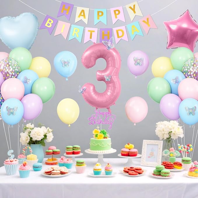 3rd Birthday Decoration for Girls,Easter Pastel Rainbow Macaron 3rd Birthday Balloon Number 3 Balloon Butterfly Stickers Star Heart Foil Balloons Banner Party Decoration for 3 Year Old