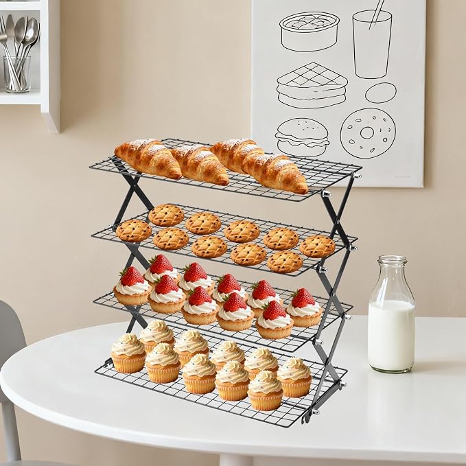 4-Tier Stackable Cooling Rack for Baking, Collapsible Wire Cookie Rack with Adjustable Heights, Non-Stick Roasting & Drying Rack for Cupcakes, Pies and Pastries, Space-Saving Kitchen Essential