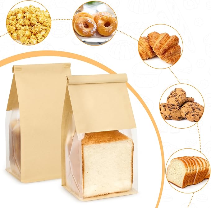 Ocmoiy 50 Pack Cookie Bags with Window, 5.1x3.9x11 Inches Tin Tie Tab Lock Bakery Packaging Bag, Resealable Paper Pastry Bags for Bagels, Popcorn, Treat