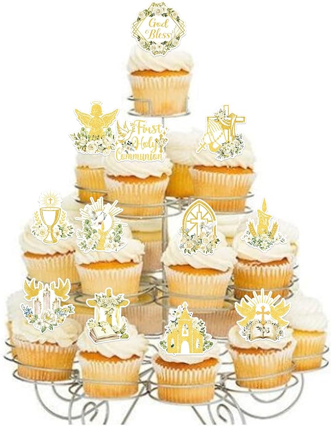 60 PCS Edible God Bless Cupcake Toppers Dove Cross Baptism Cupcake Picks Edible Church Floral First Communion Cake Decorations for Gold Bless Baptism Theme Baby Shower Birthday Party Supplies Gold