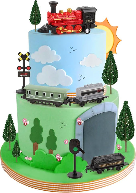 12Pcs Train Cake Toppers Train Cake Decorations with Traffic Track Railway Lights Sign for Trains Themed Birthday Party Decorations Transport Themed Party Supplies