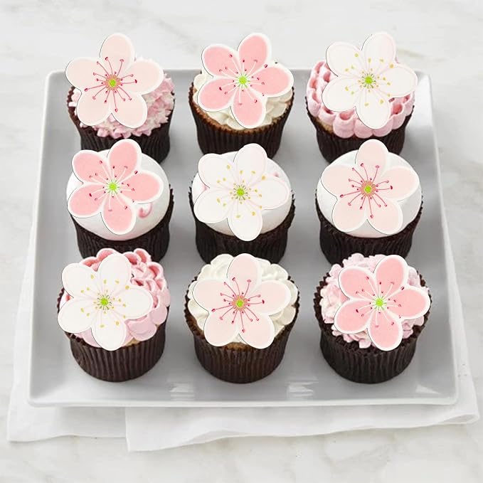 Gyufise 54Pcs Edible Flowers Cake Decorations Pink Edible Cherry Blossoms Cupcake Toppers Wafer Paper Flowers Cupcake Picks for Baby Shower Kids Birthday Party Food Decorations Supplies Multi