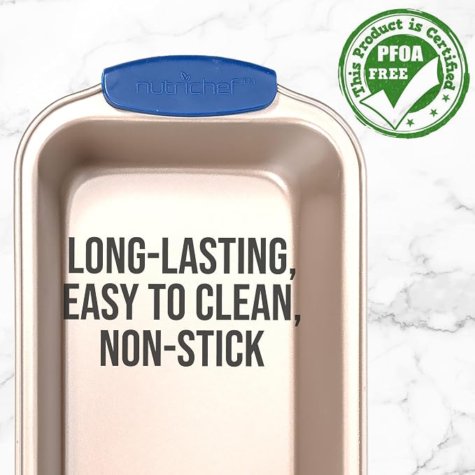 Non Stick Loaf Baking Pan, Deluxe Gold Carbon Steel Pan with Blue Silicone Handles, Quality Metal Bakeware For Cooking & Baking Cake Loaf, Muffins & More, Compatible with Model NCSBSG36