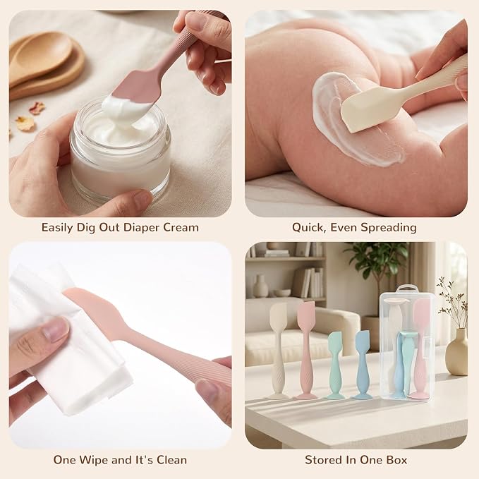 Baby Diaper Cream Spatula 4 Pack, Butt Spatula Baby with Travel Case, Soft Butt Paste Spatula with Suction Base, Portable Diaper Spatula，Perfect Baby Shower Gift