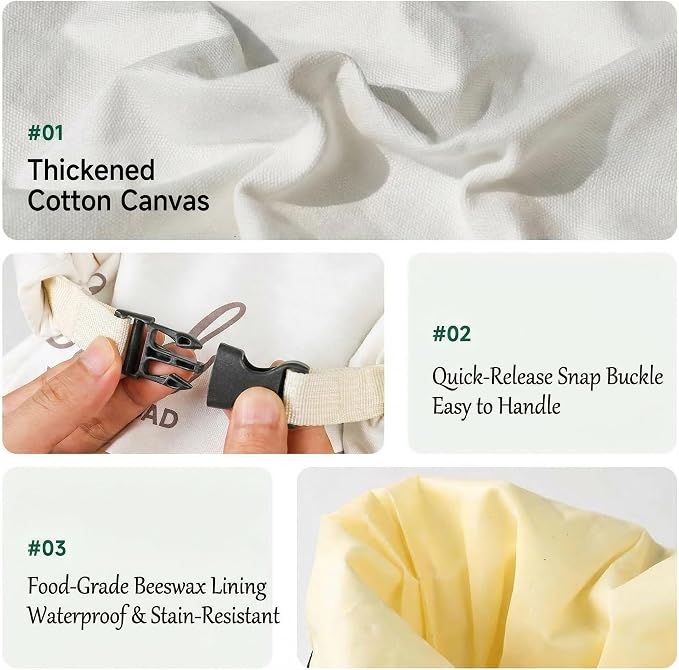 2-Pack Extra Large Beeswax Bread Bags with Zipper Seal – Reusable Bread Storage Bags, Eco-Friendly Natural Beeswax Lining, to Keep Homemade Bread Fresh for Sourdough & Artisan Loaves (White) | with Zipper
