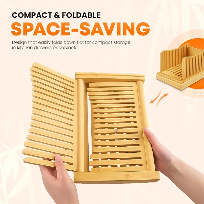 Bread Slicer for Homemade Bread, Foldable Bamboo Bread Cutter with Adjustable Thickness, Crumb Catcher Tray, and Non Slip Base – Sourdough & Loaf Slicer for Bakers
