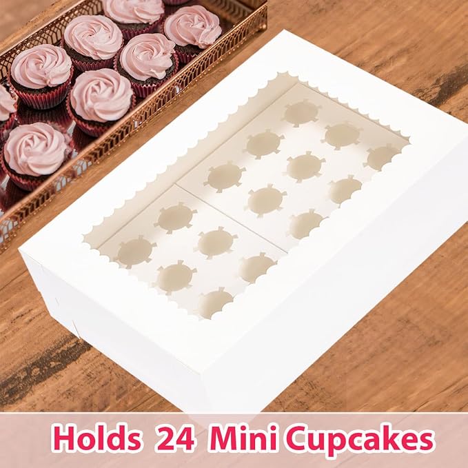 JJO Mini Cupcake Box 10 Pack,Holds 24 Mini Cupcakes,Cupcake Holder, 14x10x4 Inch White Bakery Boxes with Window for Birthday Holiday Party Bakery