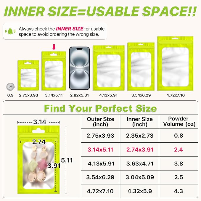 100 PCS Resealable Mylar Bags with Zipper and Frosted Clear Window Smell Proof Packaging Bags Foil Pouch Zipper Bag for Food Self Sealing Storage Supplies (Green, 3.14x5.11)