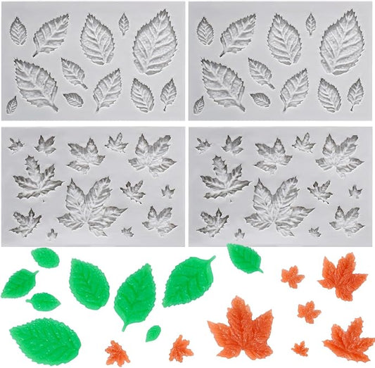 Beasea Silicone Molds Leaf Making, 4pcs Mini Fondant Leaf Shape Molds Silicone Nonstick for Cake Decoration Chocolate Candy Small Tiny Leaves Baking 2 Types 4pcs Moulds Sheet Mat