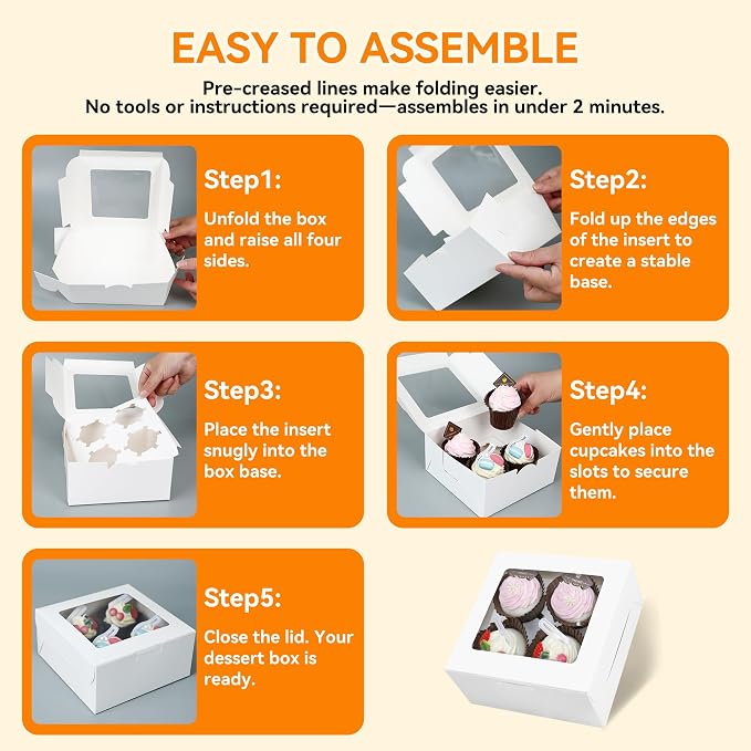 50-Set Cupcake Boxes Bulk with Clear Display Window Hold 4 Standard Cupcakes, Disposable Food Grade White Cupcake Carrier Cupcake Container, Perfect for Cupcakes Muffins Cookies Pastries