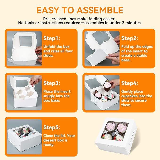 10-Set Cupcake Boxes Bulk with Clear Display Window Hold 4 Standard Cupcakes, Disposable Food Grade White Cupcake Carrier Cupcake Container, Perfect for Cupcakes Muffins Cookies Pastries