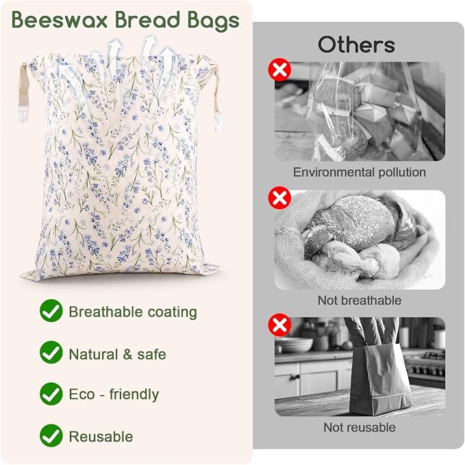 Beeswax Bread Bags for Sourdough, 2 Pack Reusable Bread Bag for Storage XL 17x13 Inch, Powder Blue Bread Bags for Homemade Sourdough - Keep Fresh, Freezer Safe