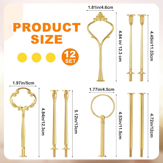 Patelai 12 Sets 3 Tier Cake Stand Hardware Tiered Tray Plate Hardware Kit Heavy Metal Cake Fruit Food Plate Stand Fitting Stacking Kit for Serving Dessert Cupcake Dish Food (Cute,Gold)
