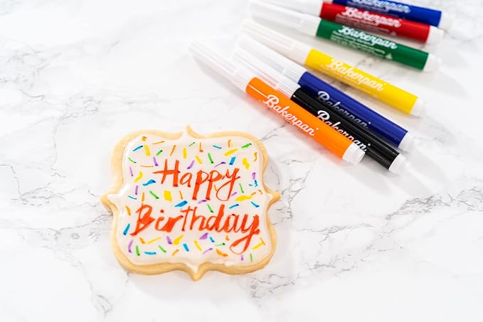 Bakerpan Edible Markers for Cookie Decorating - Set of 7 Standard Tip Food Coloring Pens for Cookies, Royal Icing, Fondant & Marshmallows | Made in USA