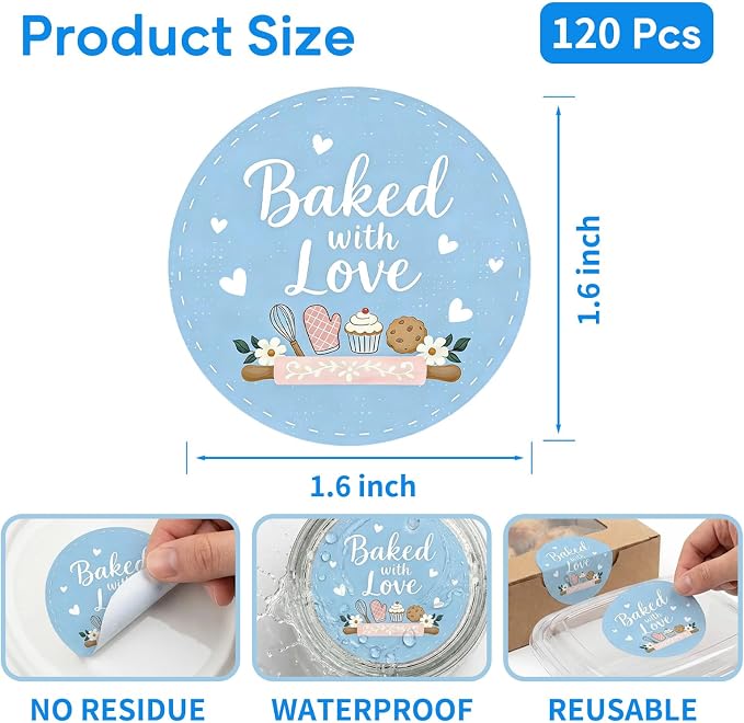 Baked with Love Stickers 120PCS 1.6 Inch Round Baking Labels for Cookies Cupcakes Dessert Table Treat Bags Gift Wrapping Birthday Party Candy Bags Homemade Packaging Small Business (Blue)