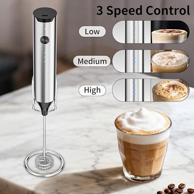 Rechargeable Hand Frother with Stand, Handheld Milk Frother for Coffee, Drink Mixer Frother Wand Electric Whisk Stirrer for Matcha, Latte, Hot Chocolate, Cappuccino (Stainless Steel)