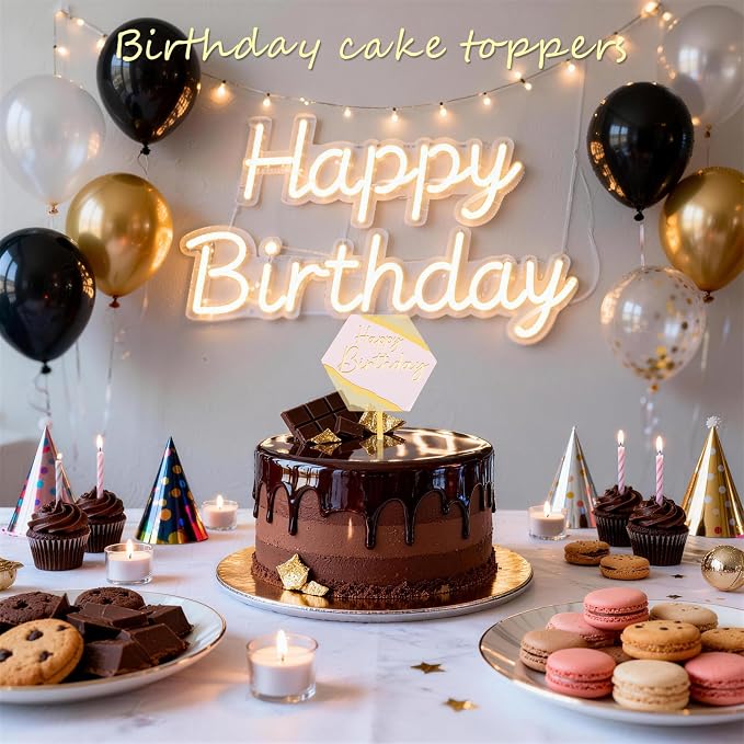 Wootkey 8Pcs Acrylic Happy Birthday Cake Toppers Engraved Happy Birthday Sign for Cake DIY Birthday Gift Flower Bouquet Pastries Desserts Decor