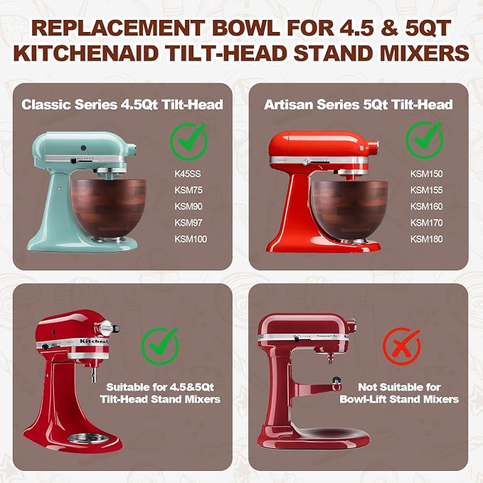 Premium Acacia Wooden Mixing Bowl for K45 & KSM150 Series, 4.5&5 Qt Tilt-Head Models, Natural Wood Bowl with Stainless Steel Precision Locking Base for Kitchen Aid Mixers(Acacia)
