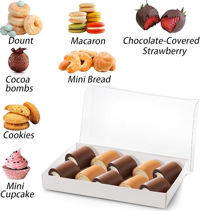 Tebery 50 Pack Cookies Boxes with Full Clear Window, 9.5 x 6 x 1.25 Inch Pastry Bakery Box, Macaron Treat Packaging Boxes for Wedding, Party, Take Out Container for Chocolate, Donuts, Muffin, Dessert