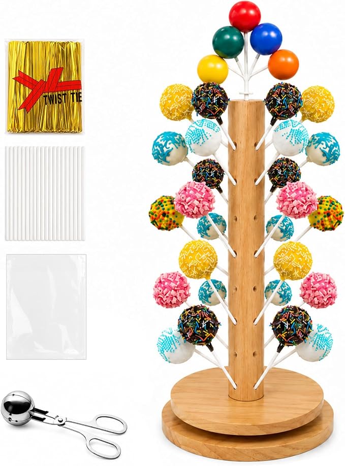 Wooden Cake Pop Stand Kit with 360° Spinning Base, 49Hole Lollipop Holder with Cake Ball Scoop, 100 Paper Sticks, 100 Clear Treat Bags and 100 Twist Ties, Easy Twist Assembly for Parties