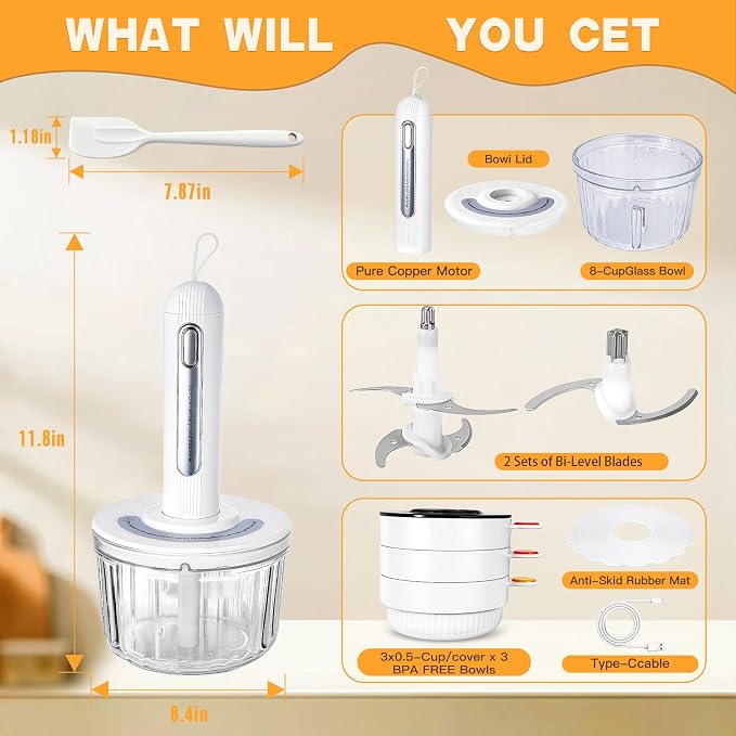 Glass Food Processor Small, USB Charging Wireless Electric Meat Grinder with 4 Blades & 4 Bowls (1x8 Cup+3x0.5 Cup), Mini Chopper Food Processor for Home Use, Onion, Garlic, Ginger, Baby Food