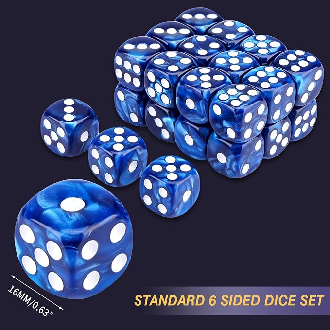 24 of Pack 16MM 6 Sided Dice Set,Pearl Pattern D6 Game Dice Set, 6 Sided Standard Dices for Yahtzee, Bunco or Teaching Math,with Portable Dice Pouch(Blue Pearl)