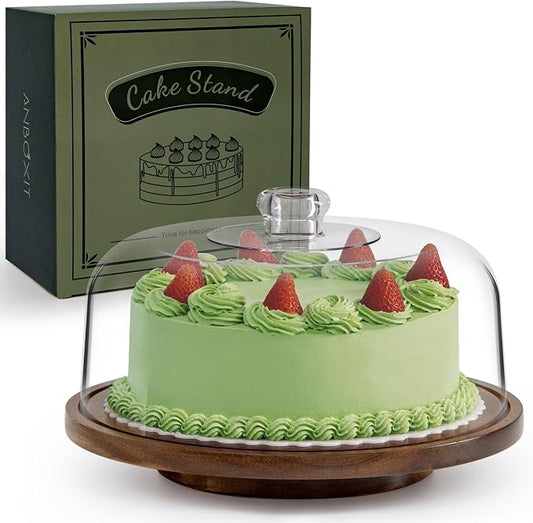 ANBOXIT Cake Stand with Dome Lid, Acacia Wood Rotating Cake Plate with Cover, Wooden Cake Display Stand with Acrylic Dome - Rotatable
