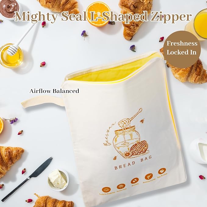 Premium Beeswax Bread Bags for Sourdough, 2 Pack XL 13x17in Wide Zipper Bread Storage Bags, Reusable Natural Fresh-Keeping Bread Bag Ideal for Home Bakers & Homemade Artisan Bread