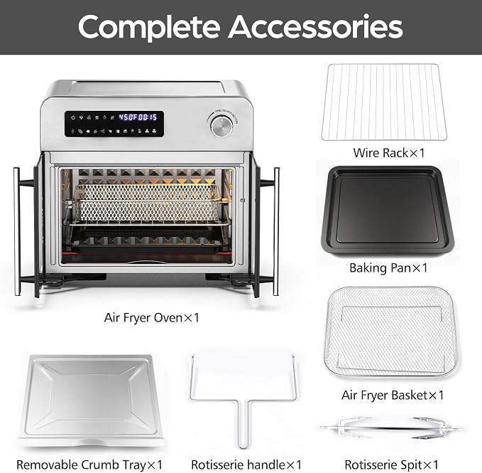 OSTBA French Door Air Fryer Toaster Oven Combo, 24QT 10-in-1 Oven | 10-in-1 Cooking, 1700W Power, Adjustable Fan Speed, Rotisserie Function, 102-Recipe Book, 6 Accessories