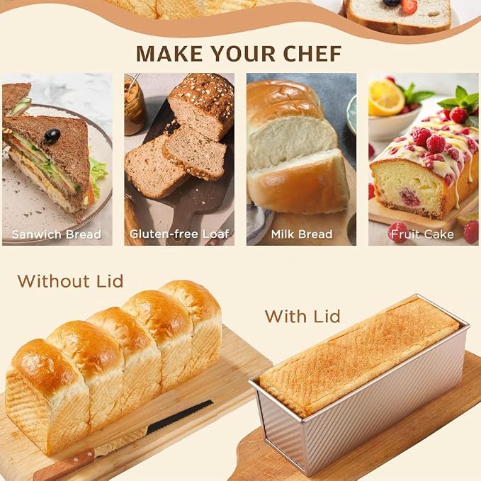 Axim Loaf Pan with Lid,2.2lb Carbon Steel Bread Pan with Slide Cover,Pullman Bread Mould Loaf Tin for Baking Homemade Sourdough & Sandwich Bread (Gold)