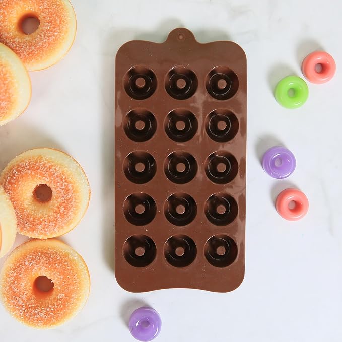 Mini Donut Silicone Molds, 2 Pcs Chocolate Molds with Donut Shapes for Making Chocolate/Candy/Gummy/Jelly, Food Grade Candy Mold with 15 Cavities Mini Doughnuts for Fruit Snacks