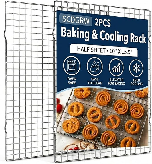 Cooling Rack Set of 2, 10" x 16" No Warp Heavy Duty Stainless Steel Baking Rack - Fits Jelly Roll Cookie Sheet Pan, Oven Safe 575°F, for Baking, Roasting & Dehydrating, Dishwasher Safe