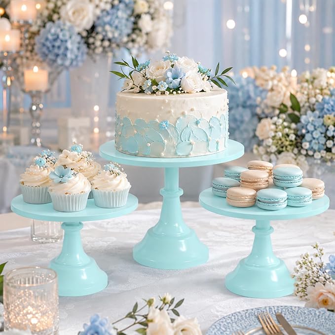 3 Pcs Cake Stand Set Metal Round Cake Holder Cupcake Stands 8/10/12 inch Blue Dessert Display Stands Dessert Table Decorations for Birthday Parties, Baby Shower,Wedding Banquets and Anniversary