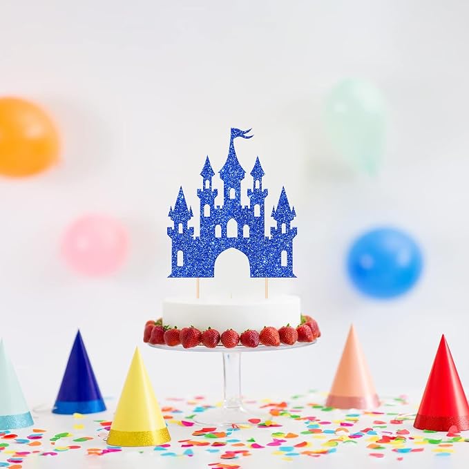 1 PCS Castle Cake Topper Glitter Princess Cake Topper Castle Theme Birthday Party Decoration Princess Happy Birthday Cake Decoration for Baby Shower Princess Birthday Party Supplies Dark Blue