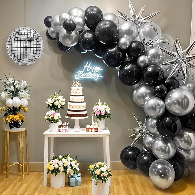 Black Silver Disco Ball Balloons Arch Kit, Black Silver Clear Balloons Garland with Large Disco Balls and Explosion Star Foil Balloons, for Disco Dance Diamond Birthday Graduation New Year Decoration