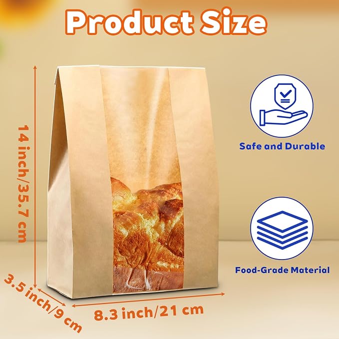 100 Pcs Large Bread Bags with Tin Tie & Clear Window, 14"x8.3"x3.5" Paper Bakery Bags for Homemade Sourdough, Cookies, Pastries | Bakery Packaging with Lock Tab, Food Storage Bags