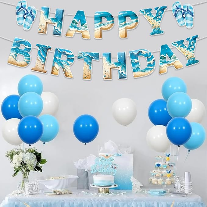 Zwiebeco Blue Sea Happy Birthday Party Decoration Banner Bunting Garland Hanging Paper for Boys Girls Men Women Kids Adults Summer Beach Ocean Themed Birthday Decor Accessories Supplies