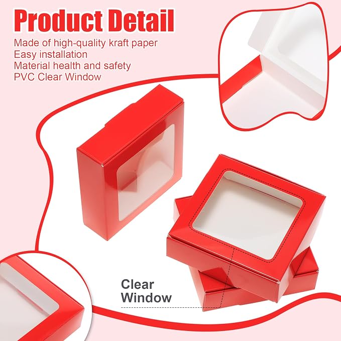 Zonon 60 Pcs Kraft Paper Boxes with Window 4.13 x 4.13 x 1.18 Inch Candy Packaging, Small Gift Boxes, Soap holder, Mini Treat Packaging for Bakery Chocolate Jewelry Display (Red)
