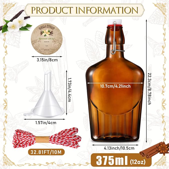 Uiifan 2 Pack 12 oz Vanilla Extract Bottles with Swing Top Flask Whiskey Pocket Amber Glass Flask for Homemade Vanilla Extract Lemon Kombucha Water Apply Christmas Wedding Gift (Amber)