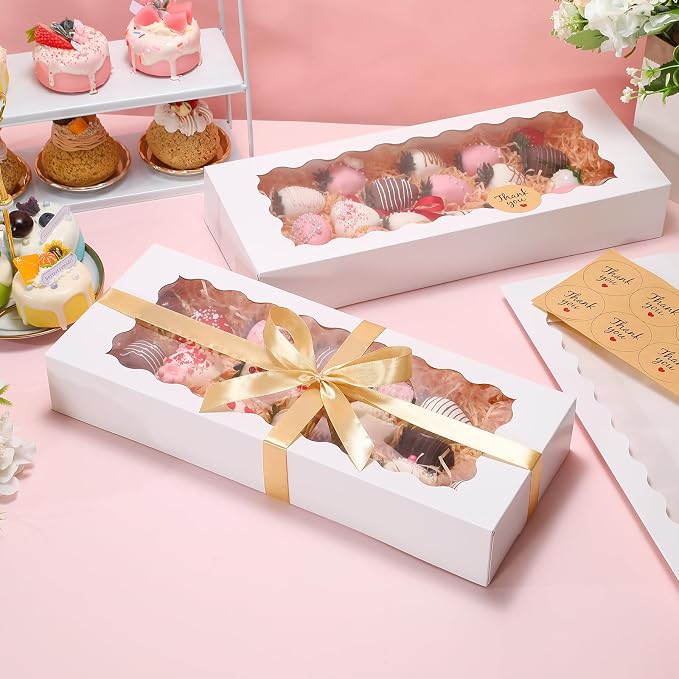 24 Pack Bakery Boxes with Window, 16x6.5x2.5 Inch Auto-Popup Cookie Box with Ribbon and Sticks, Long Treat Boxes for Cookies for Strawberries, Champagne, Cake Pops, Donuts