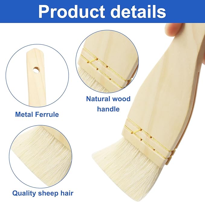 2Pcs Flat Hake Brushes, Sheep Hair Bristles, Paint Brush Set for Watercolor, Wash, Pottery Painting - Baking Pastry Brush & BBQ Grill Brush for Kitchen (1 Inch, 2 Inch)