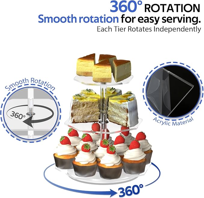 3-Tier Rotating Cupcake Stand, Clear Acrylic 360° Spinning Dessert Display Tower for Cakes & Pastries, Serving Stand for Weddings, Birthdays, Parties - Polygon